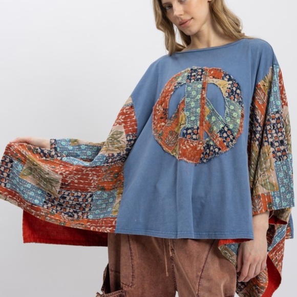 Boho Floral Print Peace Kantha Patchwork Poncho Top - Picture 6 of 7